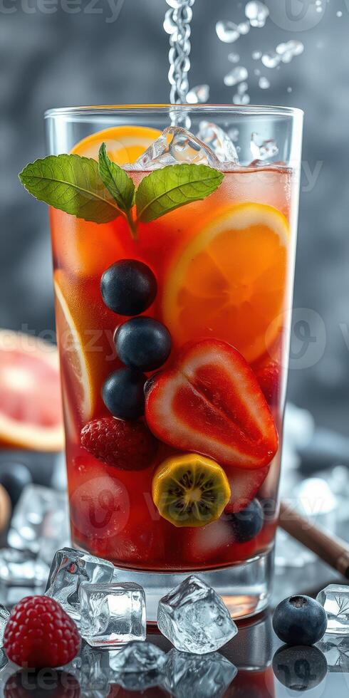 Refreshing fruit beverage with ice and mint served in a tall glass showcasing vibrant colors photo