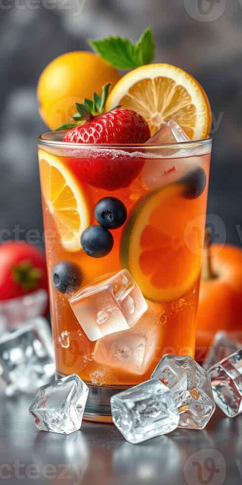 Refreshing fruit beverage with ice, vibrant colors, and summer vibes photo