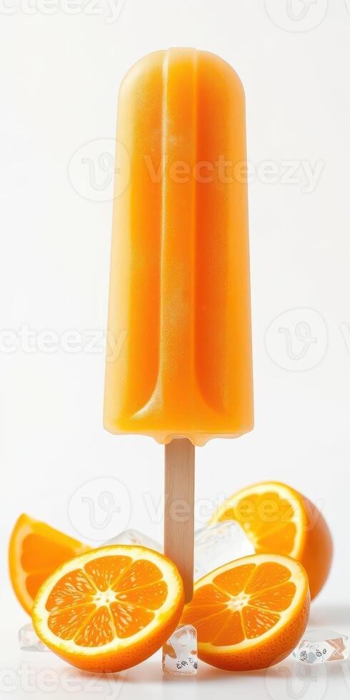Frozen orange popsicle sitting on ice surrounded by fresh oranges on a bright background photo