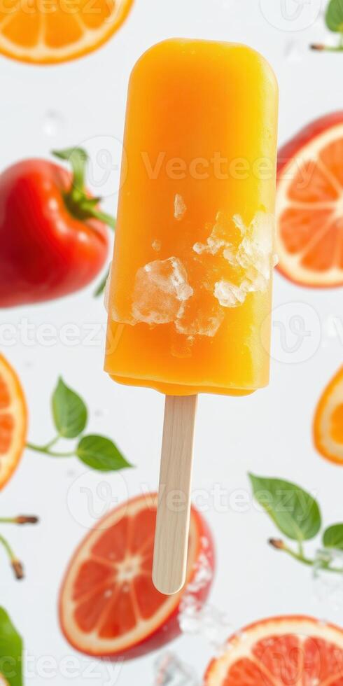 Colorful orange popsicle surrounded by fresh fruits and vegetables on a bright background photo