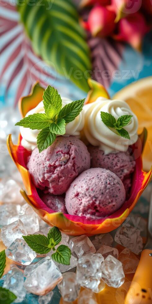 Colorful dessert made with fruit bowl and ice cream served with whipped cream in a tropical setting photo