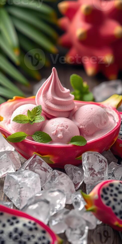 Delicious strawberry ice cream served in a vibrant bowl surrounded by crushed ice and fresh mint leaves photo