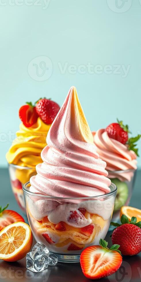 Delicious soft serve ice cream topped with fresh strawberries and citrus fruits in vibrant bowls created at a summer gathering photo