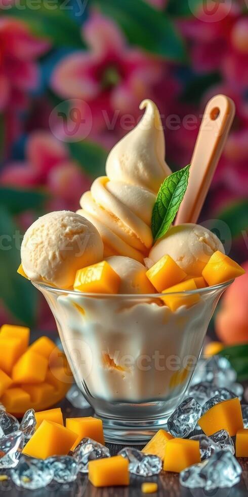 Delicious mango ice cream topped with fresh mango pieces and a mint leaf in a clear glass bowl photo