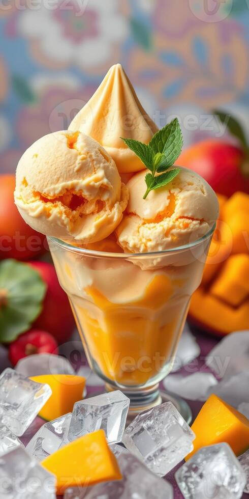 Delicious mango ice cream served in a glass with mint leaves and fresh fruit on a colorful background photo