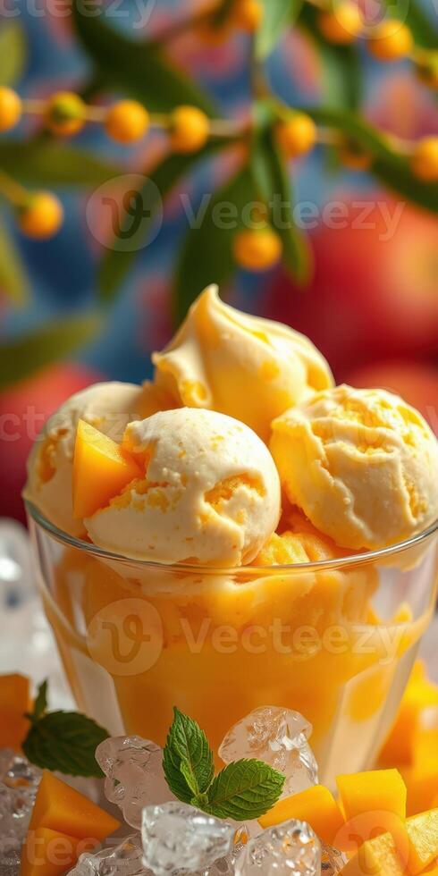 Indulging in a delightful mango ice cream dessert with fresh fruit and mint on a sunny day photo