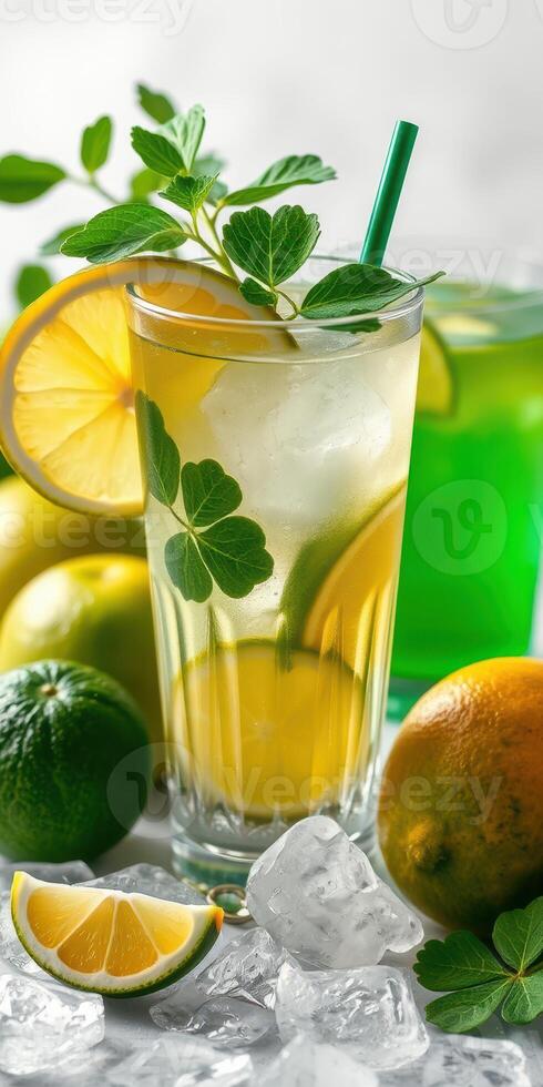 Refreshing citrus beverage garnished with mint leaves served in a tall glass filled with ice and surrounded by fresh fruits photo