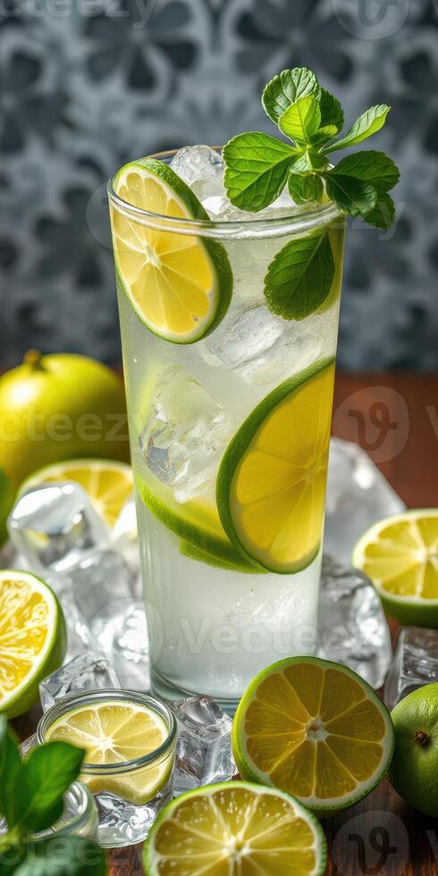 Refreshing mojito cocktail with lime and mint garnished on a wooden table photo