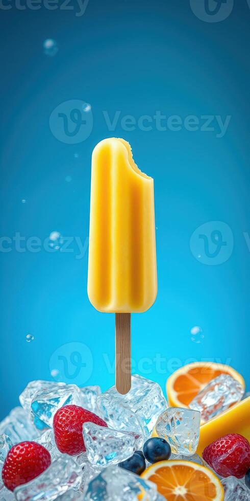 Bright yellow popsicle rests on crushed ice with fresh fruits during a sunny summer day photo