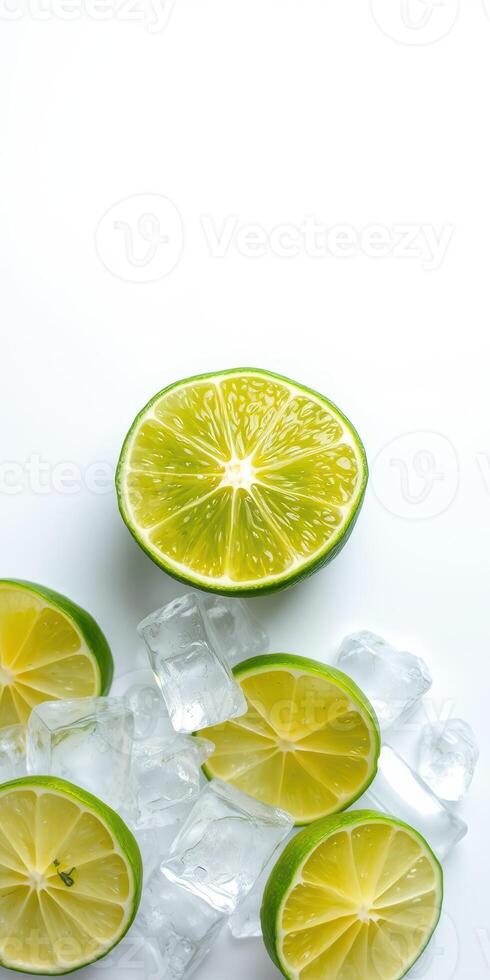 Freshly cut limes with ice cubes arranged on a clean surface ready for beverage preparation photo