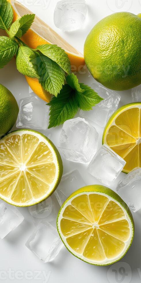 Fresh limes and mint leaves arranged with ice cubes in a bright kitchen setting photo