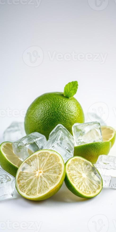 Fresh limes arranged with ice cubes creating a refreshing summertime vibe photo