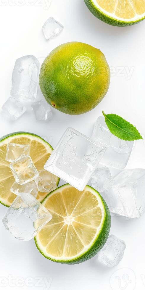 Fresh limes and ice cubes arranged on a white surface ready for refreshing beverages photo
