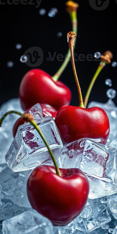 Fresh cherries with ice cubes create a refreshing contrast on a dark background photo