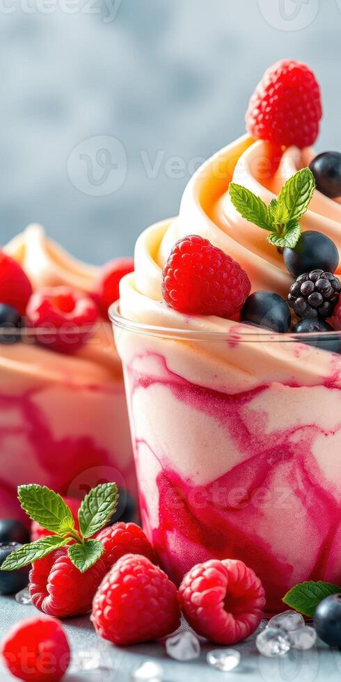 Delicious swirl of raspberry and blueberry soft serve dessert garnished with fresh berries and mint leaves in vibrant colors photo