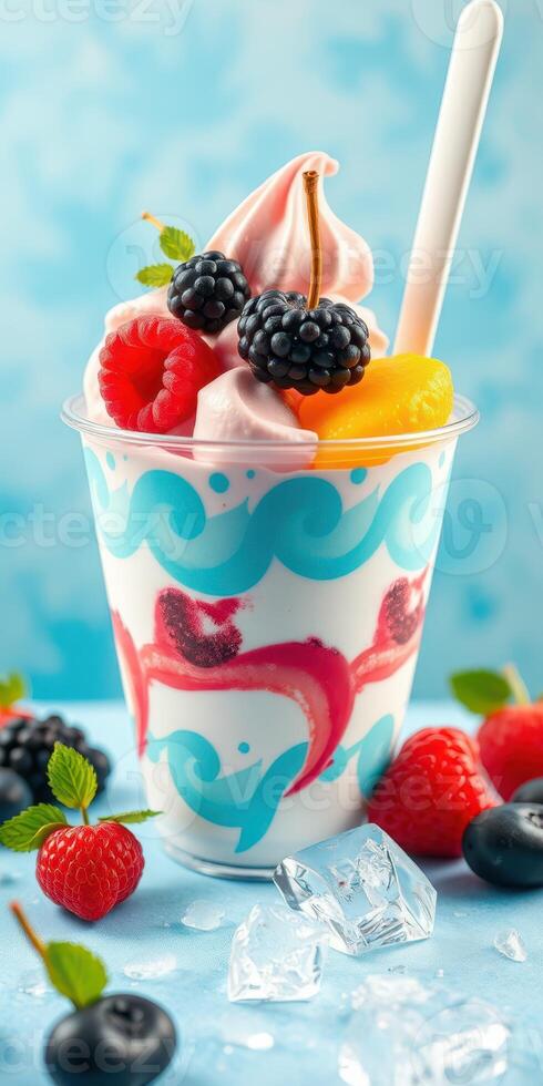 Delicious frozen yogurt topped with fresh berries and vibrant colors in a clear cup photo