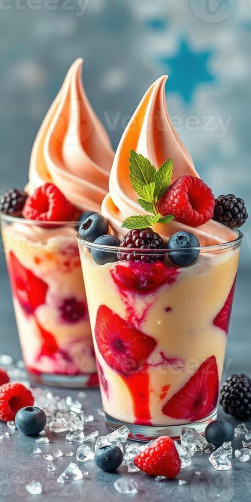 Delicious frozen dessert served in clear cups with fresh berries and creamy swirl at a vibrant summer event photo
