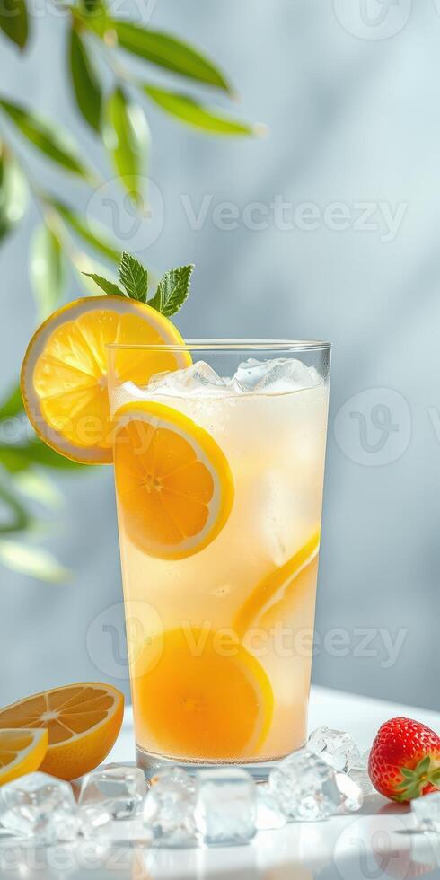 Refreshing lemonade with citrus slices served on a bright summer day photo