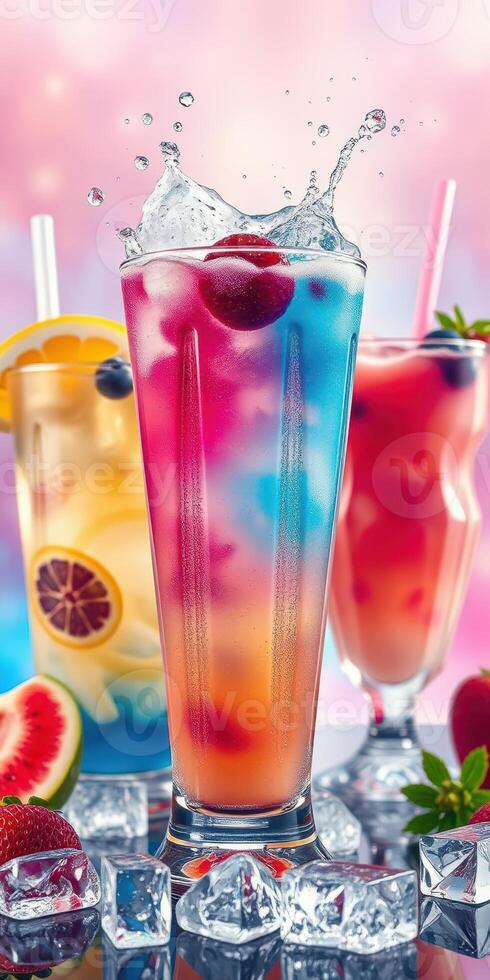 Colorful cocktails with fresh fruits and ice splashes in a vibrant setting during a summer gathering photo