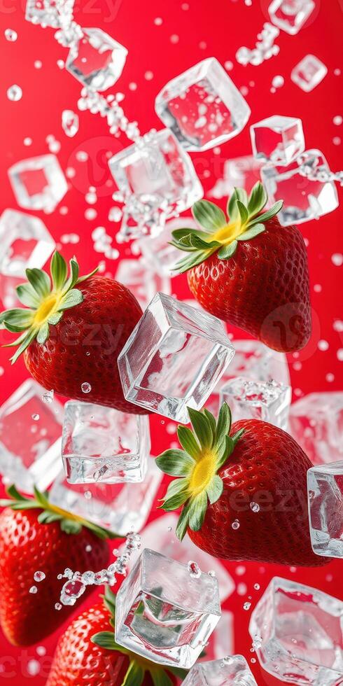Fresh strawberries and ice cubes tumble in a vibrant red background creating a refreshing summer vibe photo