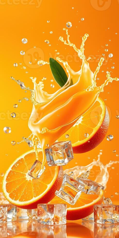 Refreshing splashes of orange juice with ice cubes against a vibrant background photo