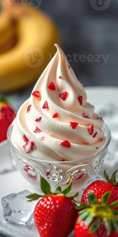 Delicious soft serve ice cream topped with fresh strawberry pieces and served in a decorative glass bowl photo