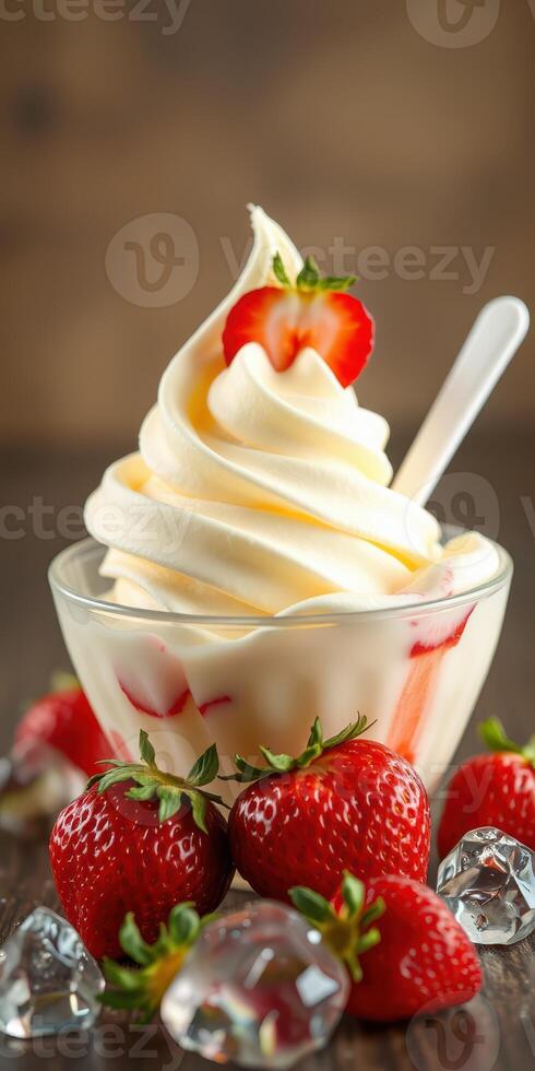 Delicious soft serve ice cream sundae topped with fresh strawberries and a spoon photo