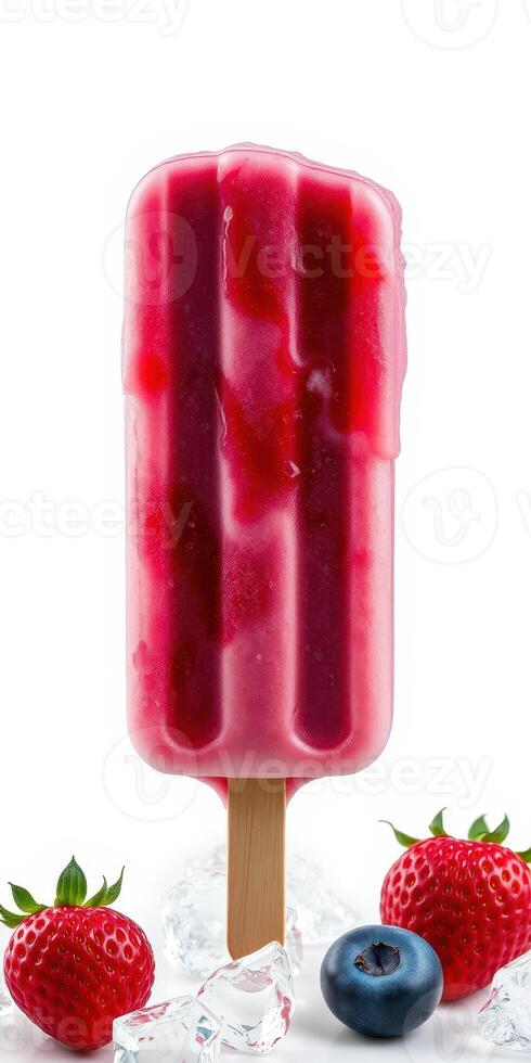 Colorful fruit popsicle surrounded by fresh strawberries and blueberries on ice photo