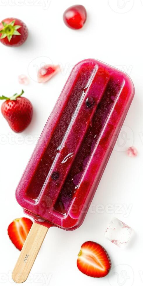 Colorful fruit popsicle surrounded by fresh strawberries and ice cubes on a bright background photo