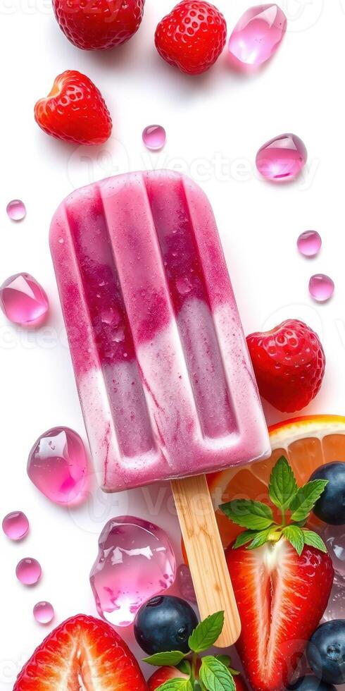 Bright and colorful homemade popsicle surrounded by fresh fruits and ice photo
