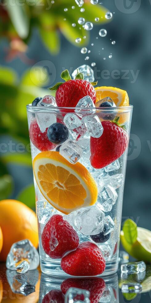 Refreshing fruit cocktail in a glass with ice and citrus at a vibrant outdoor setting photo