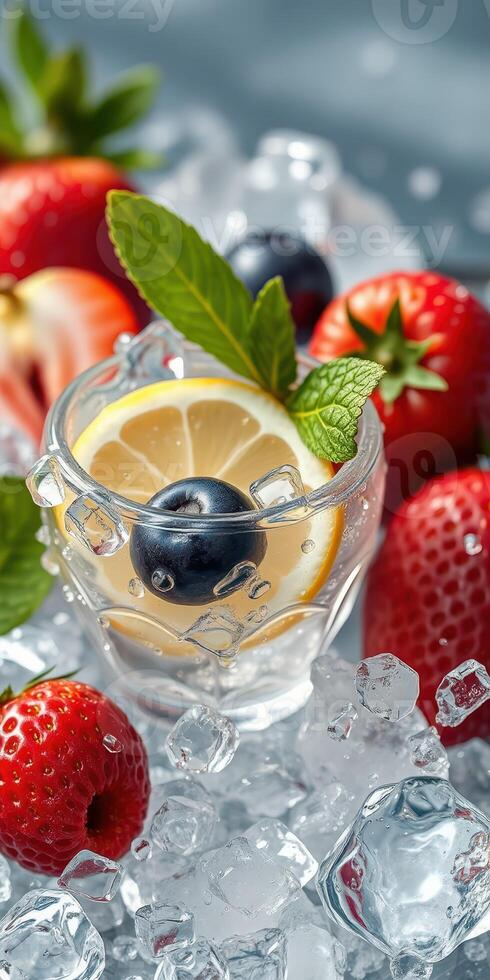 Refreshing summer drink with lemon, blueberries, and strawberries on ice photo