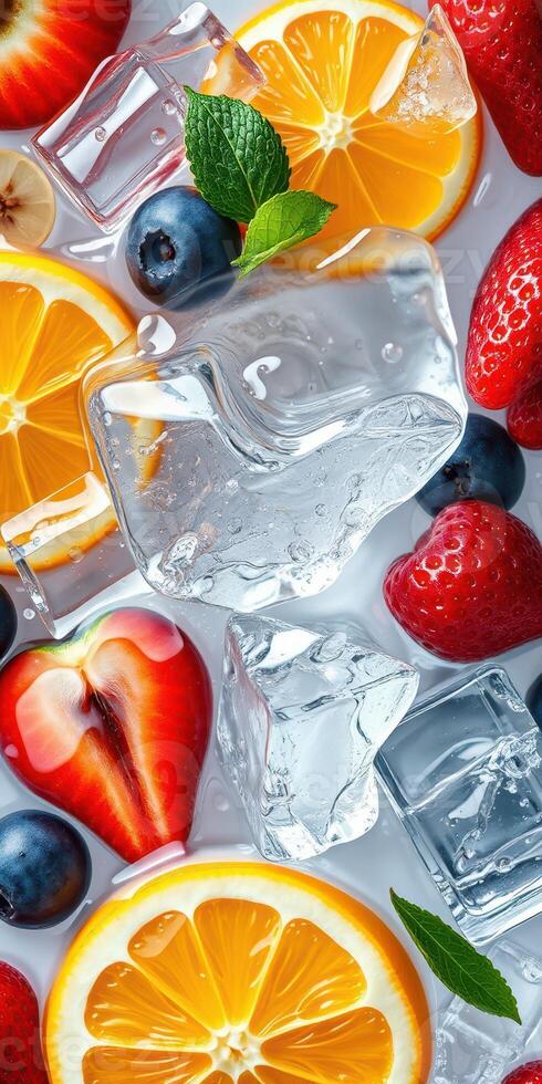 Refreshing fruit and ice arrangement featuring strawberries, blueberries, oranges, and apples in a cool setting photo