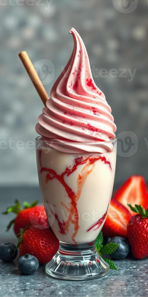 Delicious soft serve ice cream swirled with strawberry sauce and garnished with fresh berries photo