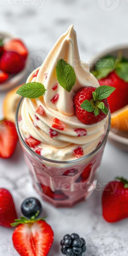 Delicious strawberry and vanilla soft serve topped with fresh fruit and mint leaves at a summer dessert bar photo