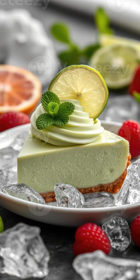 Refreshing lime cheesecake on a plate with fresh fruits and ice photo