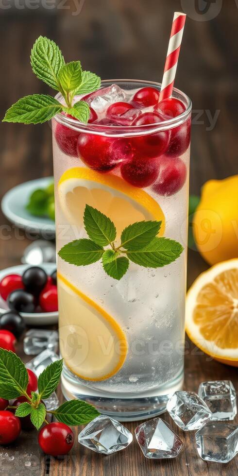 Refreshing beverage with mint, lemon slices, and red berries displayed on a wooden table in a cozy setting photo