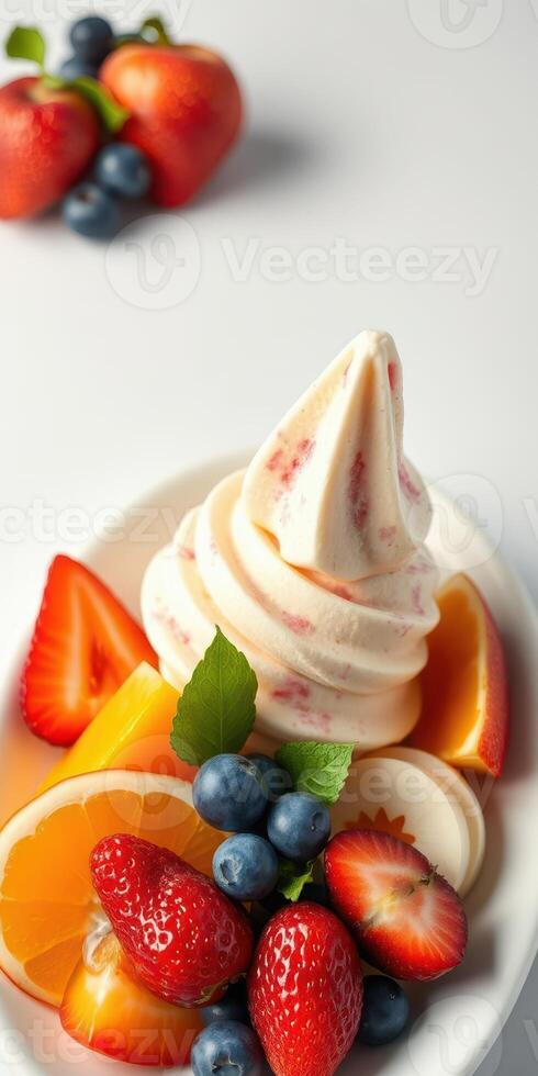 Delicious frozen yogurt topped with fresh strawberries, blueberries, and citrus fruits in a bright setting photo