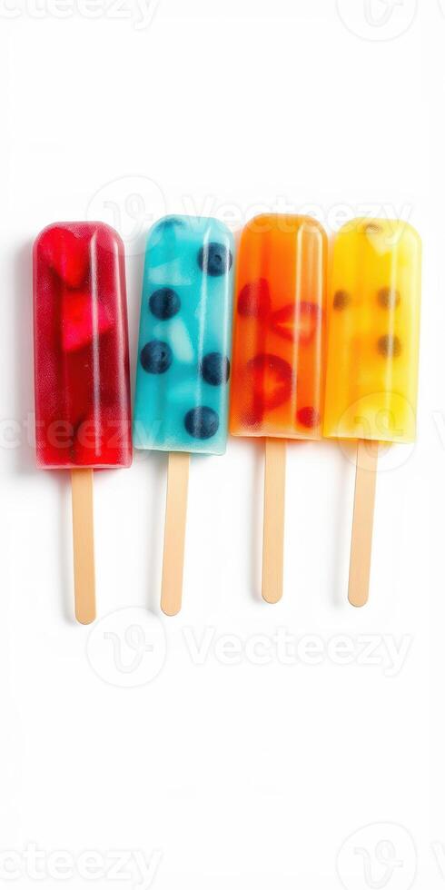 Colorful fruit popsicles arranged on a white background showcasing vibrant flavors and textures photo