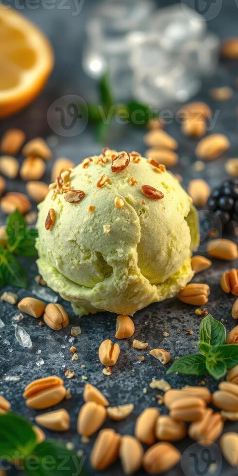 Refreshing mint ice cream served with peanuts and blackberries on a textured surface photo