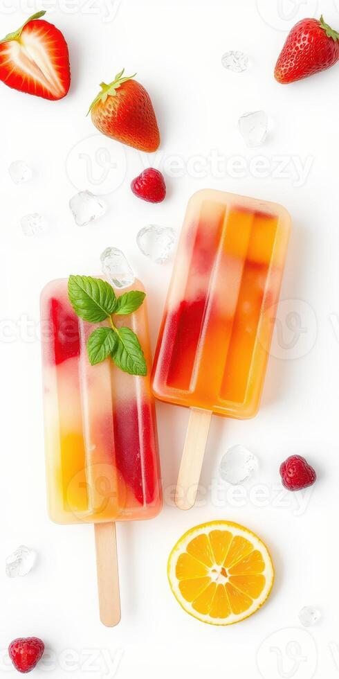 Colorful fruit popsicles surrounded by fresh berries and ice on a white background photo