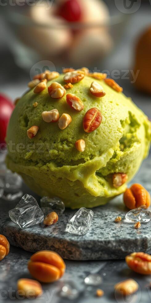 Delicious green ice cream topped with nuts and surrounded by ice and fruits photo