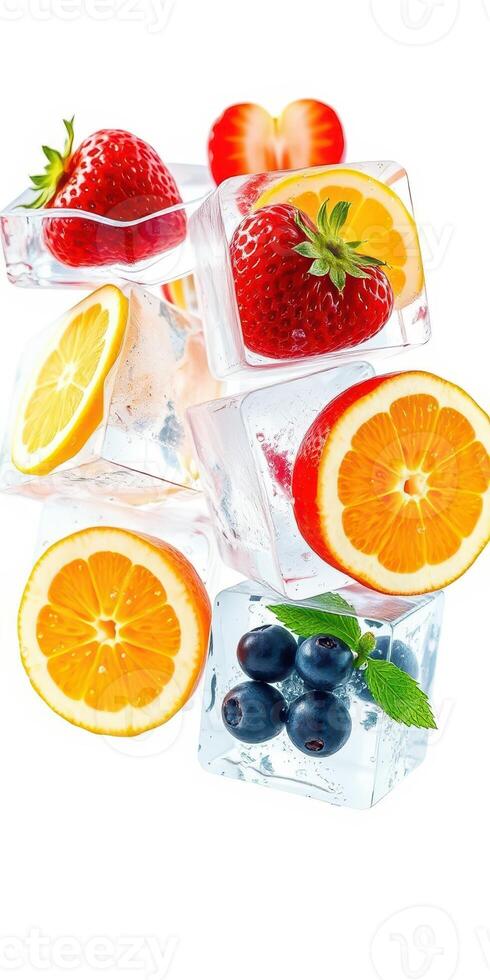 Fresh fruit and ice cubes create a vibrant and refreshing drink arrangement photo