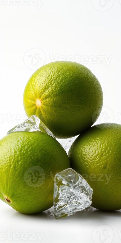 Fresh limes and ice cubes arranged on a clean surface with bright lighting photo