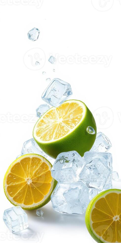 Freshly sliced citrus and ice cubes create a refreshing summer drink appearance in a vibrant and colorful arrangement photo