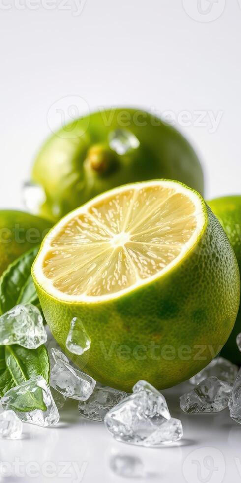 Fresh green limes sliced open with ice and mint leaves for a refreshing summer drink preparation photo