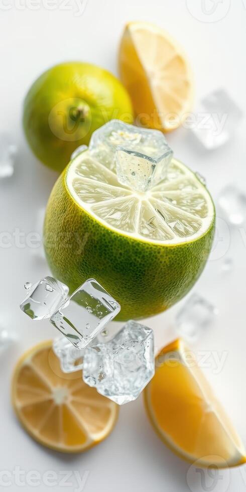 Fresh citrus fruits with ice cubes captured in a vibrant arrangement on a clean surface photo