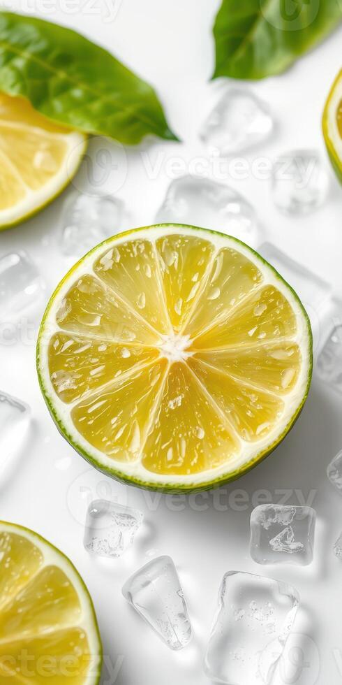 Freshly sliced yellow lime surrounded by ice cubes on a white surface photo