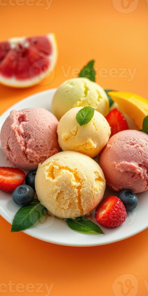 Colorful ice cream scoops served with fresh fruit on a bright orange background photo