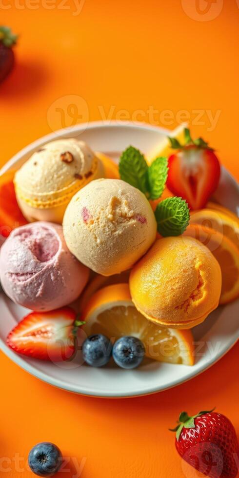 Colorful assortment of fruit-flavored ice cream served on a white plate with fresh berries and citrus slices photo